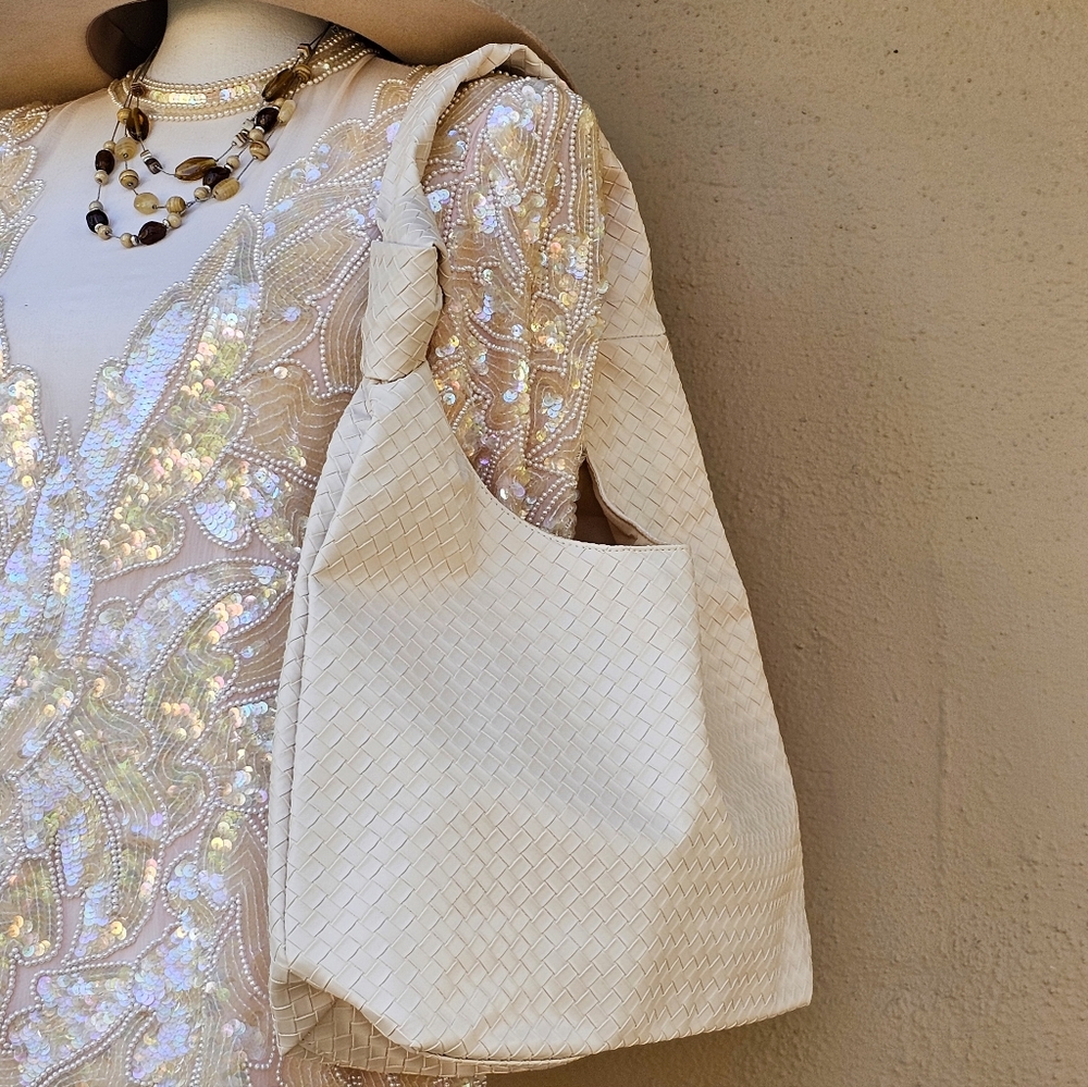 ULTA White Slouchy Hobo Shoulder PU Bag W/ Woven Body + Knotted Strap Detail
